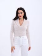 42531 TRİKO SİMLİ YAKALI CROP-EKRU resmi