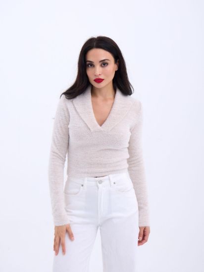 42531 TRİKO SİMLİ YAKALI CROP-EKRU resmi