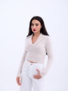 42531 TRİKO SİMLİ YAKALI CROP-EKRU resmi