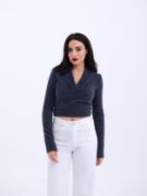 42531 TRİKO SİMLİ YAKALI CROP-ANTRASİT resmi