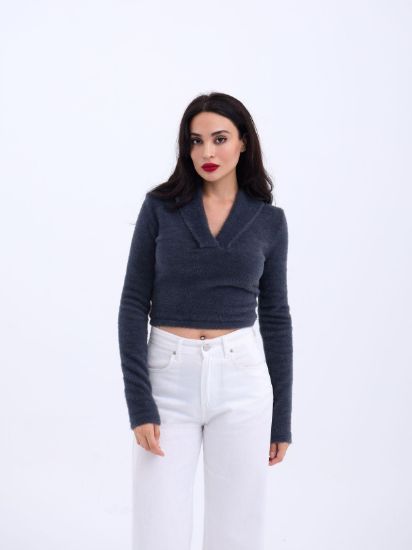 42531 TRİKO SİMLİ YAKALI CROP-ANTRASİT resmi