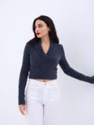 42531 TRİKO SİMLİ YAKALI CROP-ANTRASİT resmi
