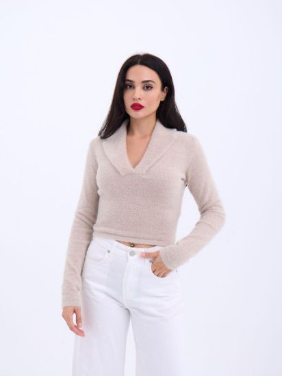 42531 TRİKO SİMLİ YAKALI CROP-TAŞ resmi