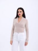 42531 TRİKO SİMLİ YAKALI CROP-TAŞ resmi