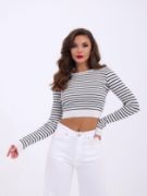 42211 TRİKO ÇİZGİLİ CROP-EKRU-SİYAH resmi