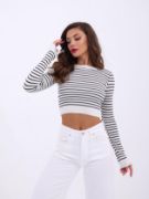 42211 TRİKO ÇİZGİLİ CROP-EKRU-SİYAH resmi