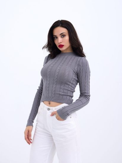42491 TRİKO SAÇ ÖRGÜ CROP KAZAK-GRİ resmi