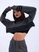43241 TRİKO ÇİZGİLİ BALIKÇI CROP-SİYAH-EKRU resmi