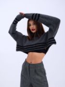 43241 TRİKO ÇİZGİLİ BALIKÇI CROP-SİYAH-EKRU resmi