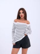 4206 TRİKO ÇİZGİLİ KAYIK YAKA CROP-EKRU-SİYAH resmi
