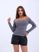 4206 TRİKO ÇİZGİLİ KAYIK YAKA CROP-GRİ-SİYAH resmi