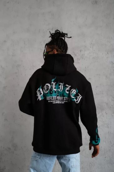 Erkek Üç İplik İçi Pamuklu Alev Baskılı Kapüşonlu Sweatshirt - Siyah resmi