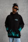 Erkek Üç İplik İçi Pamuklu Alev Baskılı Kapüşonlu Sweatshirt - Siyah resmi