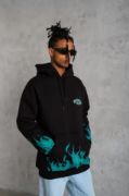 Erkek Üç İplik İçi Pamuklu Alev Baskılı Kapüşonlu Sweatshirt - Siyah resmi