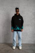 Erkek Üç İplik İçi Pamuklu Alev Baskılı Kapüşonlu Sweatshirt - Siyah resmi