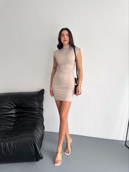 Yarım Bogazlı Kolsuz Mini Boy Elbise - Bej resmi