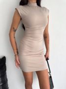 Yarım Bogazlı Kolsuz Mini Boy Elbise - Bej resmi
