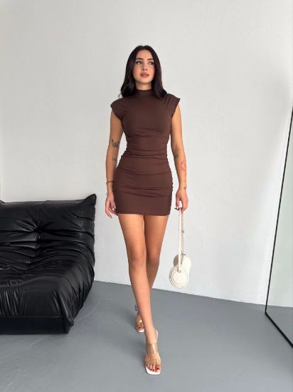 Yarım Bogazlı Kolsuz Mini Boy Elbise - Kahve resmi