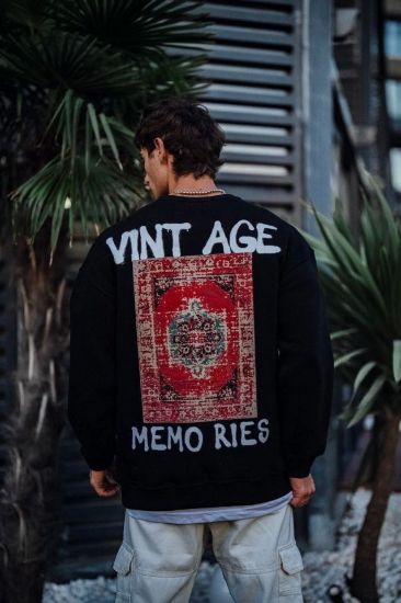 Oversize Bisiklet Yaka Üç İplik Baskılı SweatShirt - Siyah resmi