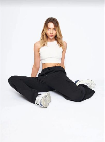 Kargo Cepli Palazzo Oversize Kesim İki Iplik Bol Paça Eşofman Altı Pantalon - Siyah resmi