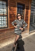 Kadın Uzun Kollu Siyah Beyaz Zebra Desen Triko Elbise resmi