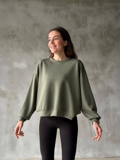 Osy Modal Yumuşak Dokulu Kumaş Bisiklet Yaka Oversize Sweatshirt - Haki resmi