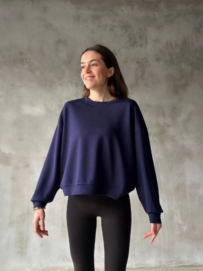 Osy Modal Yumuşak Dokulu Kumaş Bisiklet Yaka Oversize Sweatshirt - Lacivert resmi
