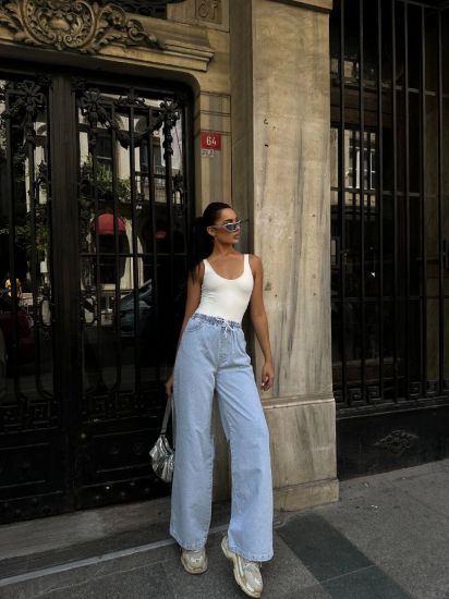 Arkadan Yırtmaçlı Jeans Kot Palazzo Pantolon - Mavi resmi