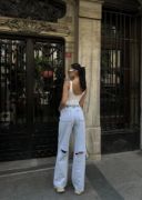 Arkadan Yırtmaçlı Jeans Kot Palazzo Pantolon - Mavi resmi