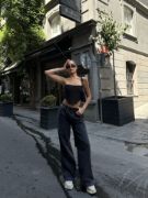  Arkadan Yırtmaçlı Jeans Kot Palazzo Pantolon - Siyah resmi