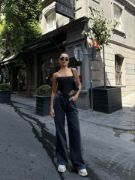  Arkadan Yırtmaçlı Jeans Kot Palazzo Pantolon - Siyah resmi