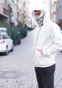 Samuray Kapşonlu ZIP Fermuarlı Çift Kapşonlu Nakışlı SweatShirt- Beyaz resmi
