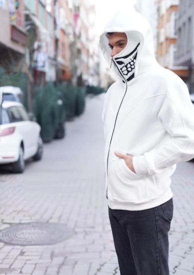 Samuray Kapşonlu ZIP Fermuarlı Çift Kapşonlu Nakışlı SweatShirt- Beyaz resmi