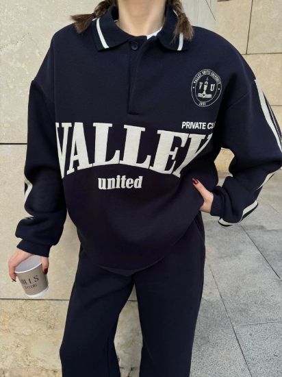 Üç İplik Yakalı Sweat Baggy Pantalonlu Takım - Siyah resmi