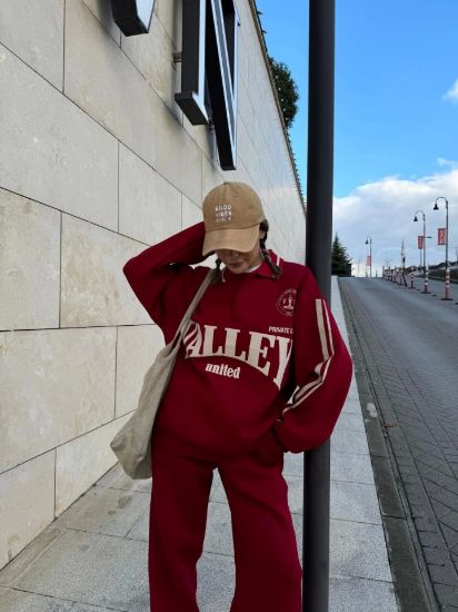 Üç İplik Yakalı Sweat Baggy Pantalonlu Takım - Bordo resmi