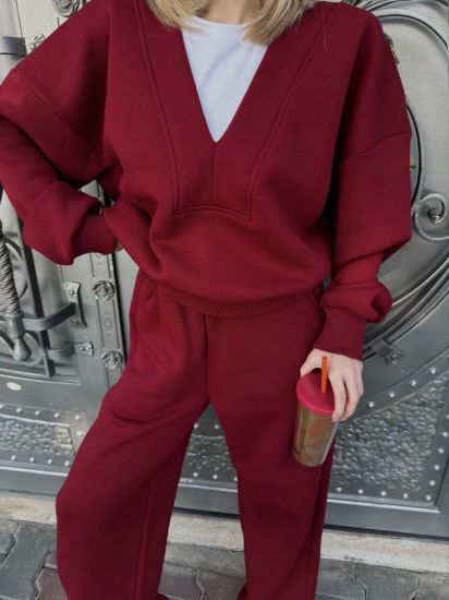 Geniş V Yaka Üç İplik Sweat Takım - Bordo resmi