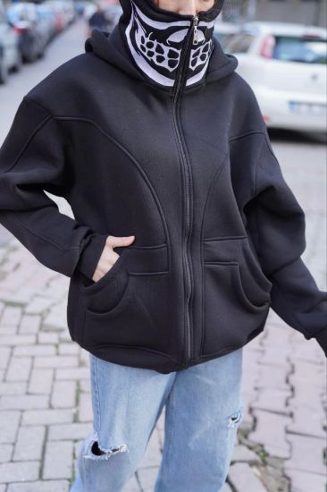 Samuray Kapşonlu ZIP Fermuarlı Çift Kapşonlu Nakışlı SweatShirt- Siyah resmi