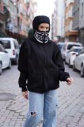 Samuray Kapşonlu ZIP Fermuarlı Çift Kapşonlu Nakışlı SweatShirt- Siyah resmi