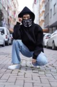 Samuray Kapşonlu ZIP Fermuarlı Çift Kapşonlu Nakışlı SweatShirt- Siyah resmi