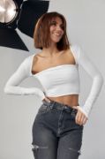 Kara Yaka Uzun Kollu Crop - Beyaz resmi