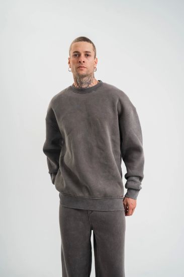 Unisex Uzun Kol Bisiklet Yaka Yıkamalı SweatShirt - Füme resmi