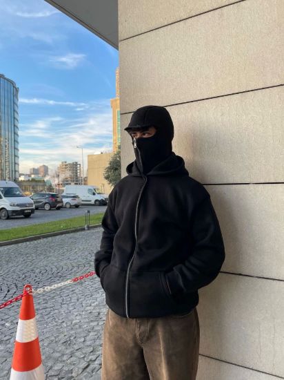 Samuray Kapüşonlu ZIP Fermuarlı Kapüşonlu Özel Tasarım SweatShirt - Siyah resmi