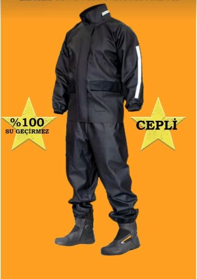 Unisex Tam Kalıp Motorcu Cepli Kurye Su Gecirmez Yağmurluk Takım - Siyah resmi