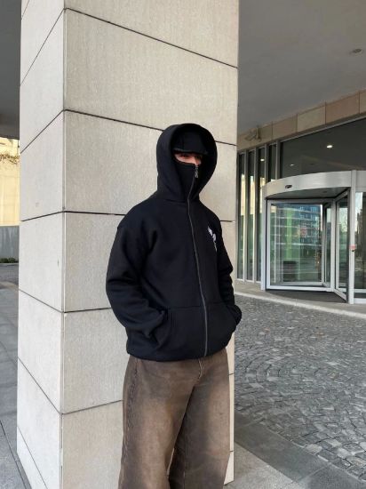 Samuray Kapşonlu ZIP Fermuarlı Kapşonlu SweatShirt - Siyah resmi