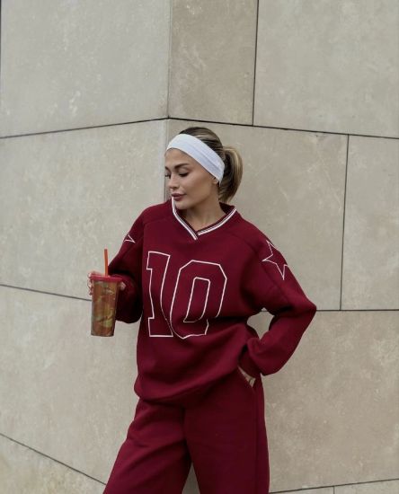 V Yaka Üç İplik Sweat Takım - Bordo resmi