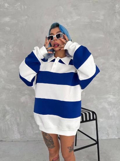 Unisex Üç İplik Parçalı Yakalı SweatShirt - Mavi resmi