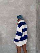 Unisex Üç İplik Parçalı Yakalı SweatShirt - Mavi resmi