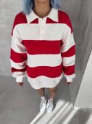 Unisex Üç İplik Parçalı Yakalı SweatShirt - Kırmızı resmi