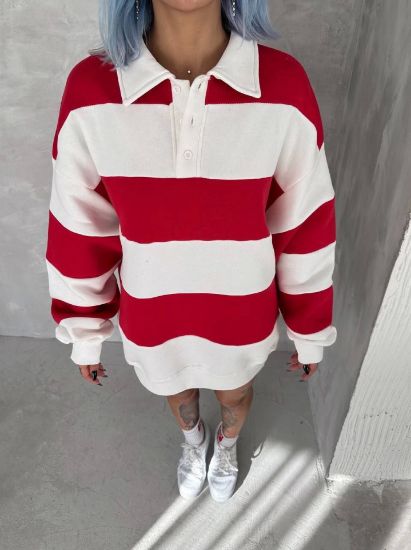 Unisex Üç İplik Parçalı Yakalı SweatShirt - Kırmızı resmi
