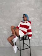 Unisex Üç İplik Parçalı Yakalı SweatShirt - Kırmızı resmi